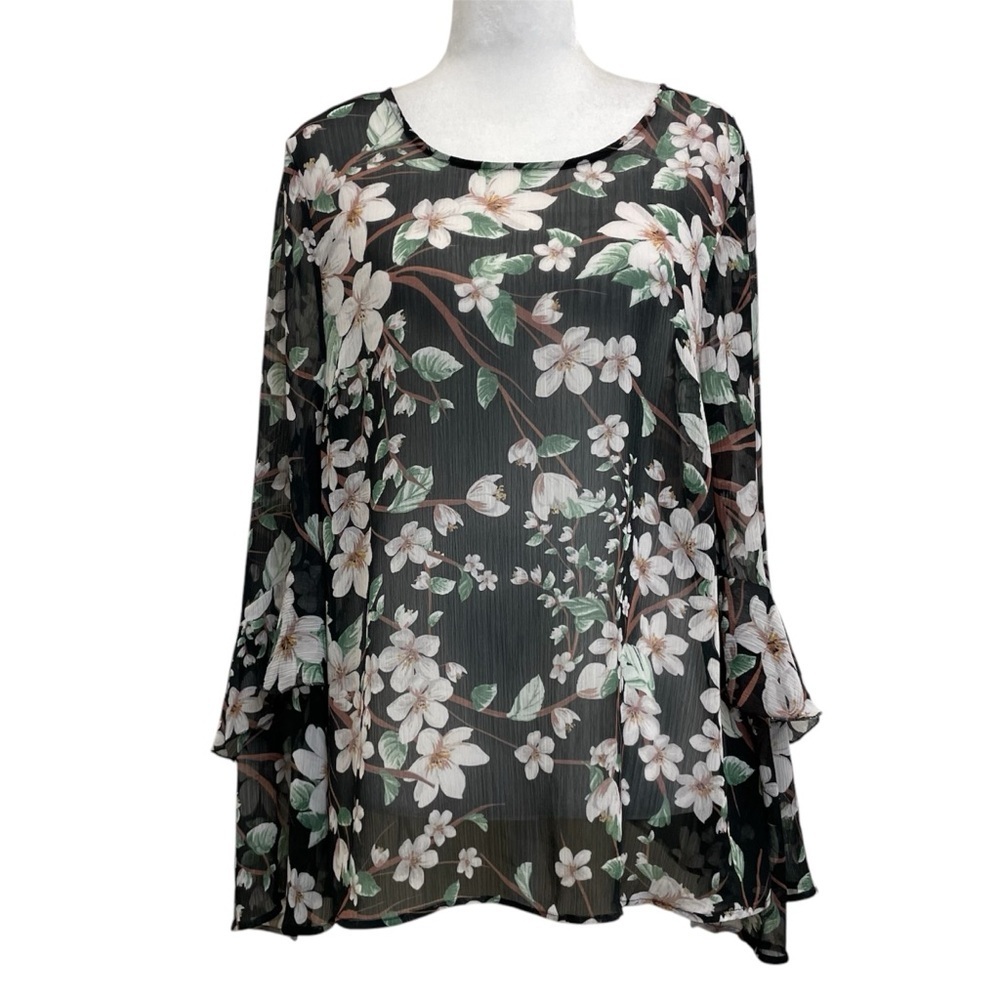 M&S Collection Black Floral Spiral Ruffle Statement Sleeve Sheer Blouse